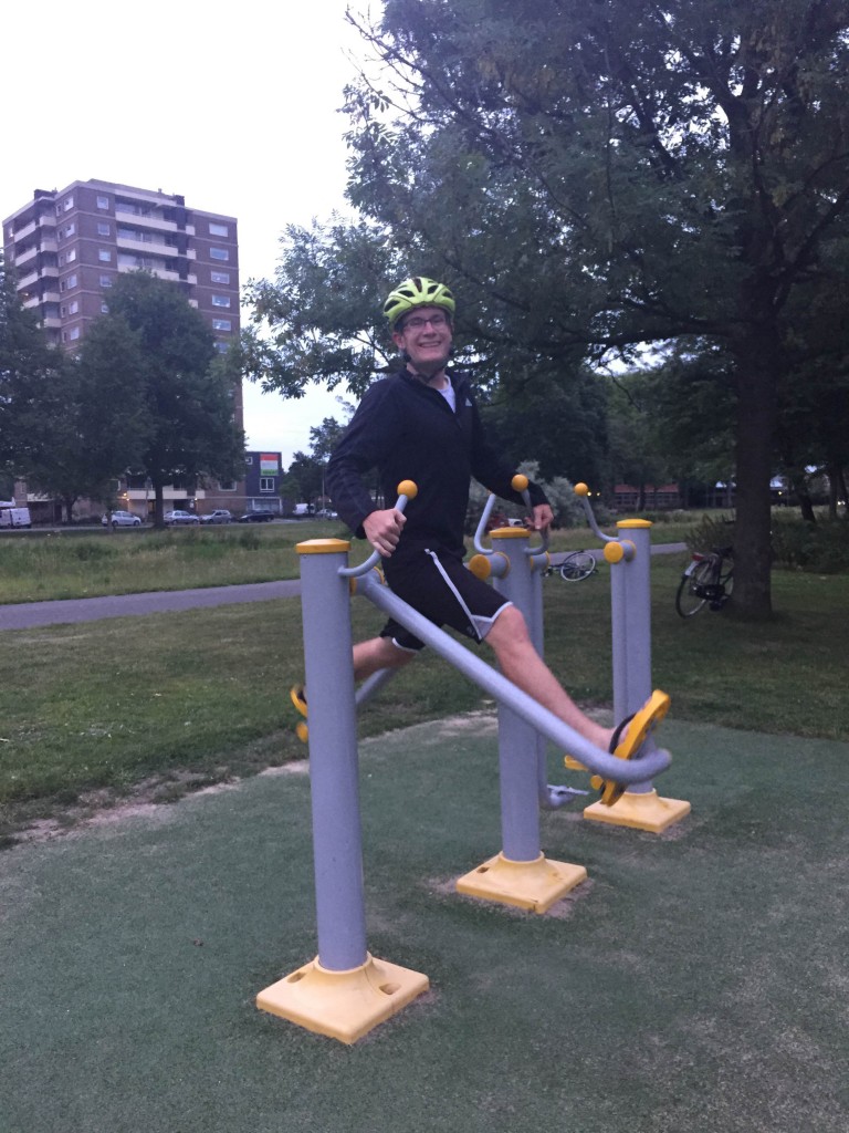 Quick stop at an outdoor fitness park in Haarlem.